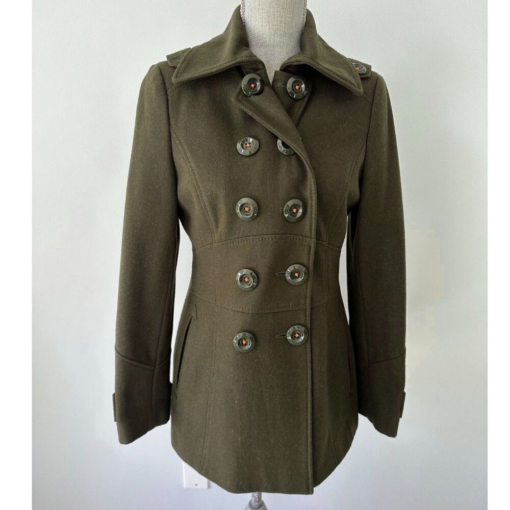 Vintage Y2k Dark Green Wool Blend Peacoat Military Coat Outerwear Size Small